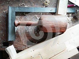 Top of view vintage old carpenter tools in a carpentry workshop, hand saw, home wood kit closeup