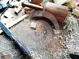 Top of view vintage old carpenter tools in a carpentry workshop, hand saw, home wood kit closeup