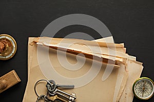 Top view of vintage paper, keys