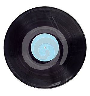 Top view of vintage vinyl record with blue label.