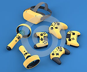 Top view virtual reality glasses and controllers for online gaming on blue
