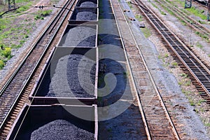 Top view of wagons with coal and railroad tracks