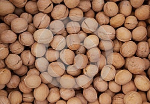 Top view of walnuts in nutshells in full screen
