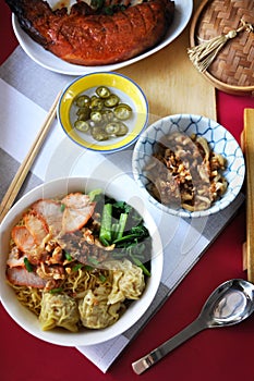 Top view of Wanton Noodles with Grilled Pork set