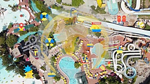 Top view of water park. Aqua park and swimming pools . View from above.