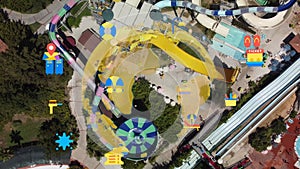 Top view of water park. Aqua park and swimming pools . View from above.