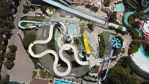 Top view of water park. Aqua park and swimming pools . View from above.