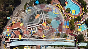 Top view of water park. Aqua park and swimming pools . View from above.