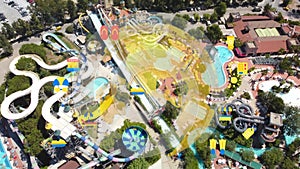 Top view of water park. Aqua park and swimming pools . View from above.