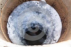 top view of water surface and ice hole in well