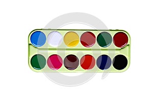 Top view of watercolor paints in box isolated on white