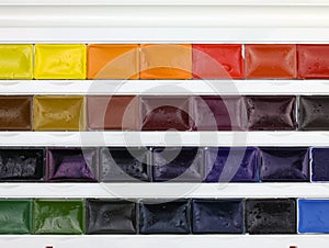 Top view watercolor paints in a plastic container.