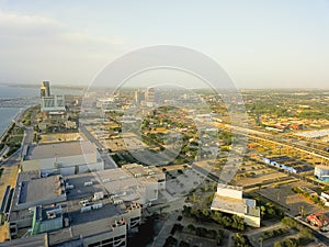 Top view of waterfront downtown Corpus Christi with marina in ba