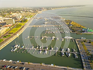 Top view waterfront downtown of Corpus Christi with marina lots