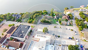 Top view waterfront Granbury, Texas downtown with unique boutiques and lakefront restaurant, vacation homes