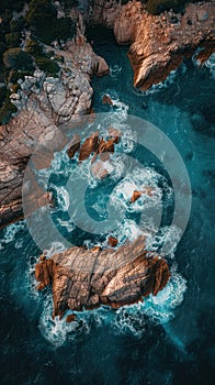 Top view of waves crashing against rocky shoreline in the ocean