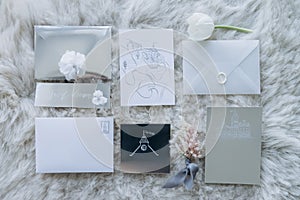 top view of wedding invitations