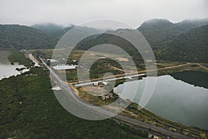 Top view of the wetlands of the island of Cat BA near the sea on land. Morning gloomy landscape of the countryside