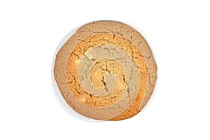 Top view of white chocolate chip cookie on white background