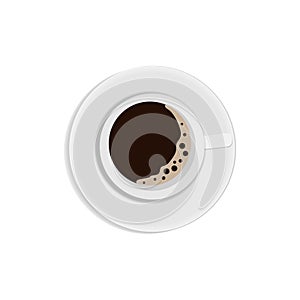 Top view white coffee cup and saucer. Mug of black coffee with foam. Flat design.