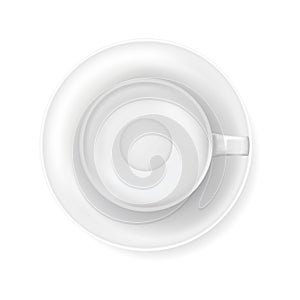 Top view at white empty coffee cup on plate. Realistic vector illustration of blank hot drink mug. Design template