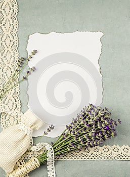 Top view of white empty sheet of paper with burned edges and surrounded by fresh lavender .