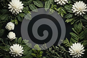 Top view of white flowers with green leaves on dark black background