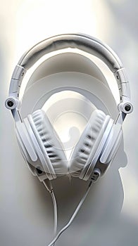 Top view of white headphones against minimalist white backdrop