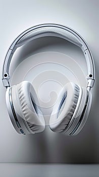 Top view of white headphones against minimalist white backdrop