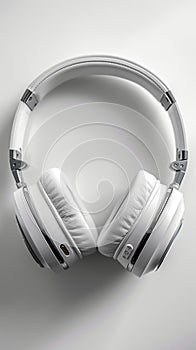 Top view of white headphones against minimalist white backdrop