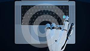 Top view of white human shaped robot hand pressing a key of an aluminum laptop with blue light on reflective blue desk. 3D