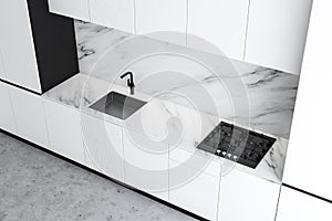 Top view of white kitchen with countertop