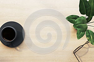 Top view white office desk with coffee cup, decorative plant, glasses and empty mock up place.