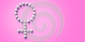 Top view of white pills in shape of woman gender symbol isolated on pink background with space for text and images
