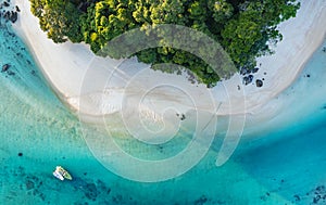 Top view of white sand beach tropical  with seashore as the island in a coral reef ,blue and turquoise sea Amazing nature