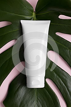 Top view of a white tube of cream mockup with a monstera leaf on a pink background