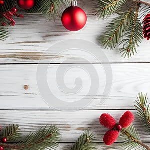 Top view of a white wooden table with fir branches, cones, red balls. Background template