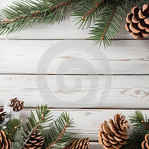 Top view of a white wooden table with fir branches, cones, red balls. Background template