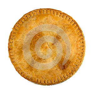 Top view of a whole chicken meat pie isolated on a white background