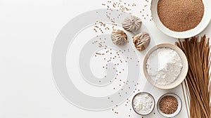 Top view of whole and ground buckwheat with flour, noodles, and grains, showcasing the versatility of this healthy