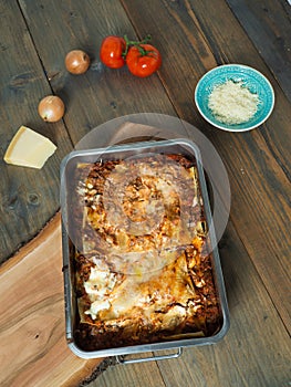 Top view of a whole lasagne in an ovenproof dish