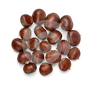 Top view of whole shelled raw chestnuts