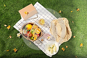 Top view of wicker picnic basket with fruits, hat and books on white checkered tablecloth on green grass outside in summer park.