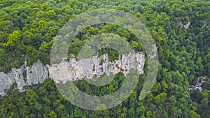 Top view of wild forest valley with rocks and stream. Clip. Natural landscape of dense green forest with rock ledges and