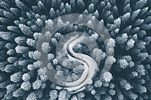 Top view winding path between snow-covered trees in winter