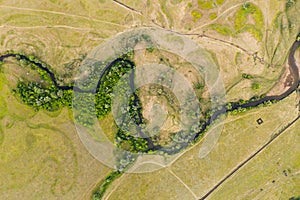 Top view of winding river in summer