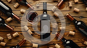 Top view of a wine bottle with a glass on a wooden table surrounded by corks. Elegant wine tasting scene. Perfect for