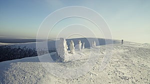 Top view of winter landscape with stone pillars. Clip. Miracle of nature on plateau with stone pillars in snow on winter