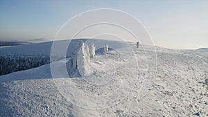 Top view of winter landscape with stone pillars. Clip. Miracle of nature on plateau with stone pillars in snow on winter