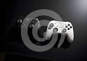 Top View of Wireless Game Controllers on Black Desk